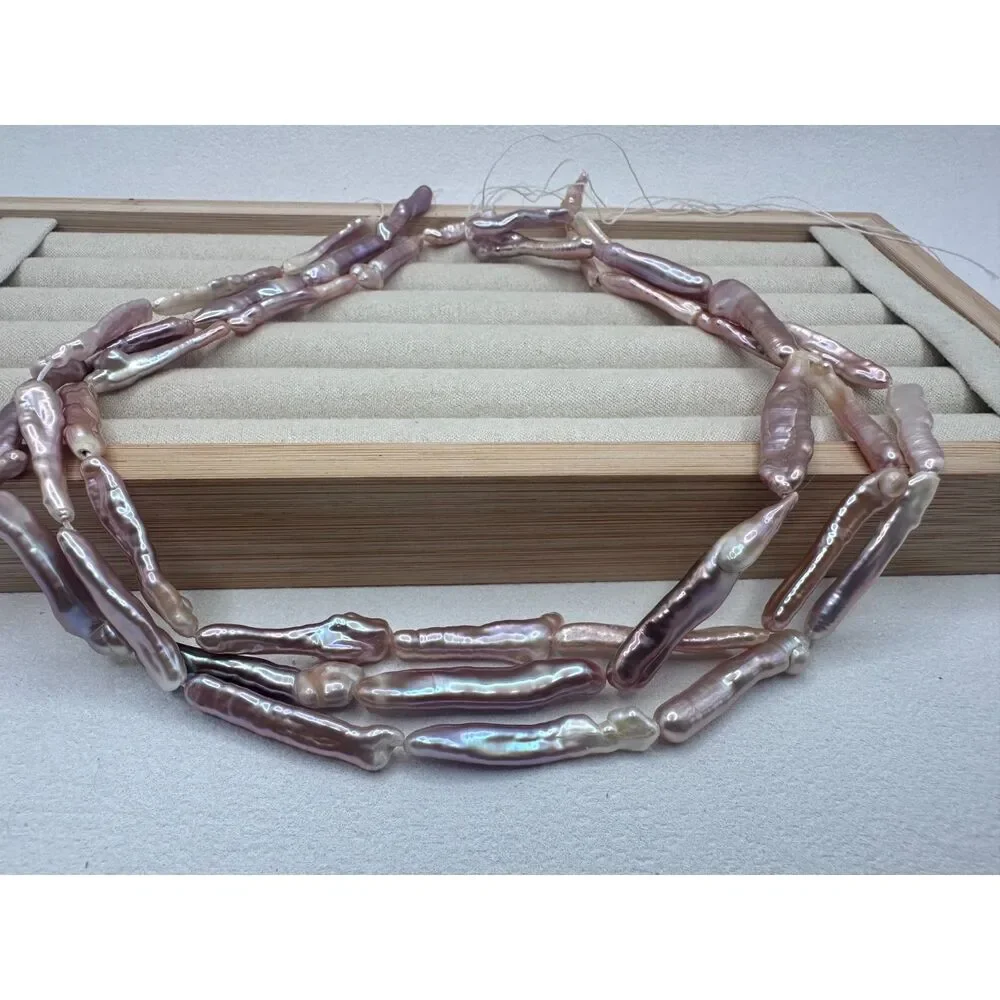 Lot 3 Strand Natural Pink Purple Biwa Stick Freshwater Pearls 15.5